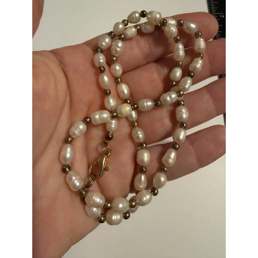 Freshwater Rice Pearl Necklace Gold Tone Spacer Beads White 16 Inch Choker